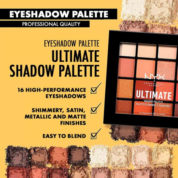 NYX Professional Makeup Ultimate Shadow Palette, 16 Vibrant True-To-Pan Eyeshadow Shades, Metallics, Shimmers, Colours and Nudes in Pressed Pigments, Vegan Formula, Warm Neutrals, 0.8 g