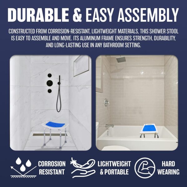 Bath Room Stool for Elderly - 6 Level Height Adjustable Aluminium Disabled Chair for Shower | Non-Slip Design with Padded Seat Drainage Holes Foot Pad | Bathroom Chairs Stools for Adults - Blue Seats