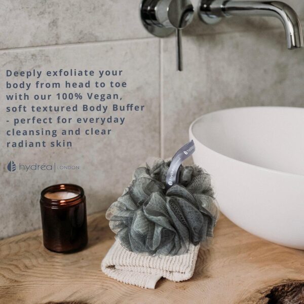 Hydréa London Grey Shower Puff, Large Exfoliating Bath Loofah, Mesh Sponge - Premium Quality, Luxurious Lather, Gentle Exfoliation for Men & Women