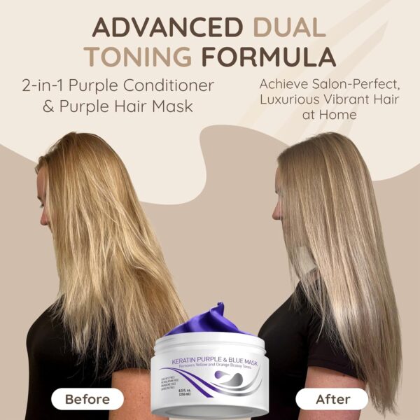 Vitamins Keratin Purple Hair Mask - Violet Blue Protein Deep Conditioner Treatment - Toner for Blonde Platinum Silver Grey Ash or Brown Coloured Dry and Damaged Brassy Hair