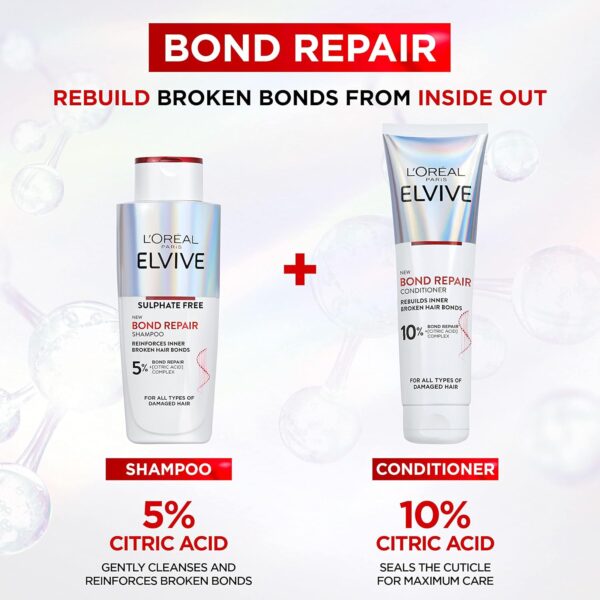 L’Oreal Paris Elvive Bond Repair Routine Set for Damaged Hair, Shampoo 200ml and Conditioner 150ml, Deep Intensive Hair Repair Treatment, Rebuild Broken Hair Bonds