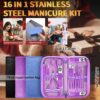 Manicure Set Pedicure Kit, 16 Pcs Stainless Steel Nail Clippers Set, Professional Nail Care Tools Grooming Kit with Portable Travel Leather Case for Men Women Black