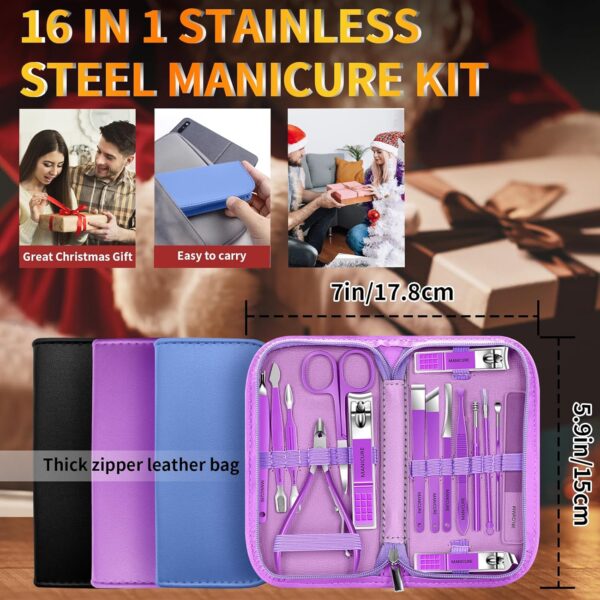 Manicure Set Pedicure Kit, 16 Pcs Stainless Steel Nail Clippers Set, Professional Nail Care Tools Grooming Kit with Portable Travel Leather Case for Men Women Black