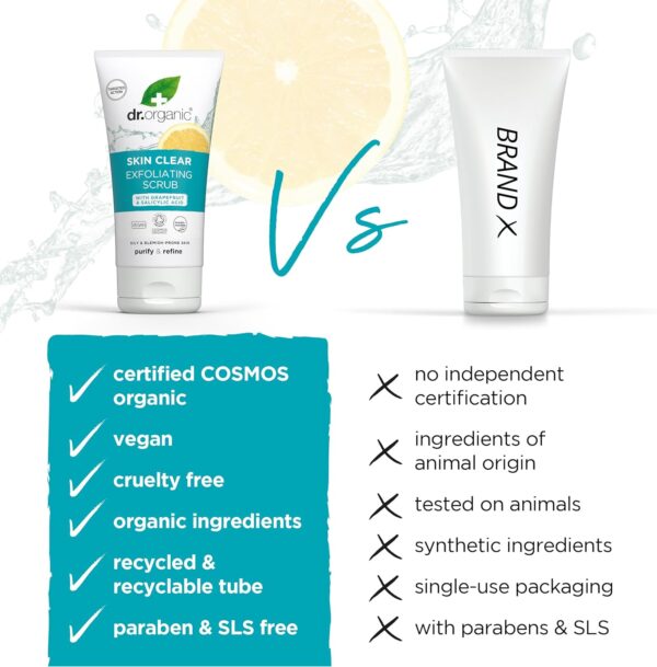 Dr Organic Skin Clear Exfoliating Scrub, Cleansing , For Acne & Clear Skin, Salicylic Acid, Oily, Problem Skin, Natural, Vegan, Cruelty-Free, Paraben & SLS-Free, Recycled & Recyclable, Organic, 150ml