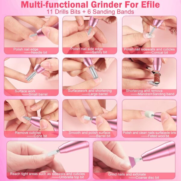 NAILGIRLS Rechargeable Cordless Nail Drill Machine, Portable Electric 35000RPM Professional File for Acrylic Gel Nails, Efile Manicure Pedicure Polishing, Pink