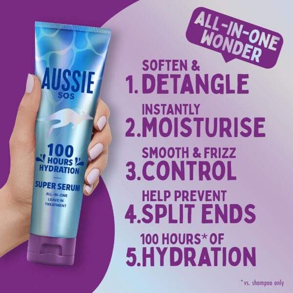 Aussie Super Serum Leave In Conditioner Hair Serum Treatment, For Dry, Damaged Hair. 100 Hours of Hydration, Smooth, Soften, Detangle, Prevent Split Ends and Boost Shine, 160ml