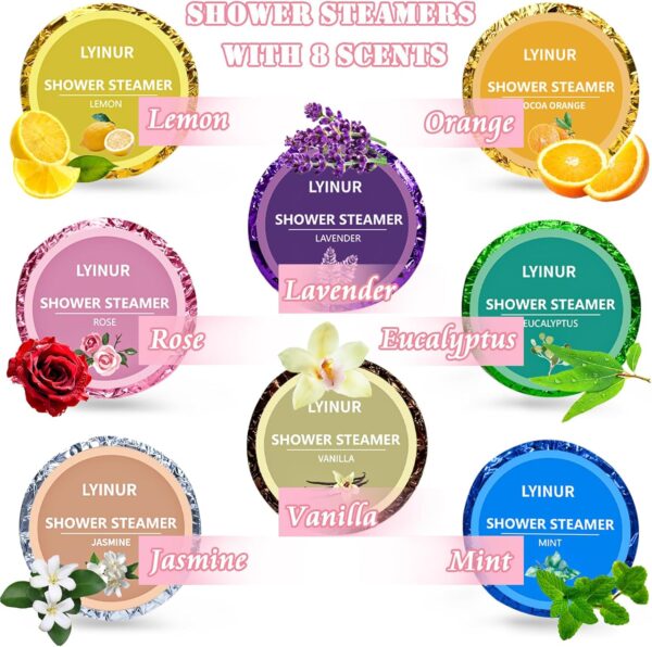 LYINUR 8 Pcs Shower Steamers Aromatherapy with 8 Scents, Shower Bombs Steamer with Essential Oils for Relaxation, Bath Bombs Sets Unique Gift for Women Mum, Christmas Stocking Fillers