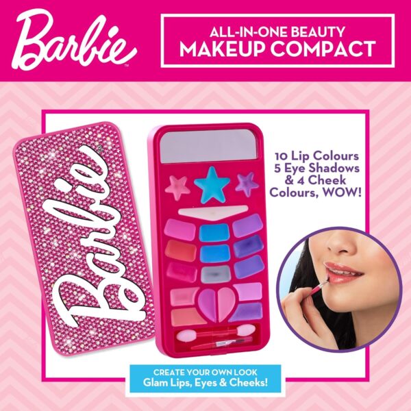 Barbie All in one Beauty Makeup Compact with 19 on trend colours for cheeks, lips and eyes Official Barbie merchandise
