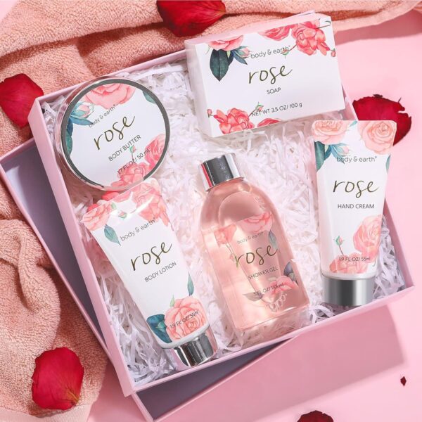 BODY & EARTH Bath Spa Women Gift Set, 5 Pcs Rose Gift Sets Box for Women Pamper Gifts for Women with Soap, Shower Gel, Body Butter, Body Lotion, Gifts for Women, Birthday Gifts, Christmas Gifts