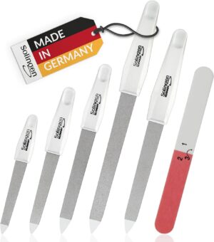 marQus Sapphire Nail Files Set - 6 Pcs with 3-Way Nail Buffer - Stainless Steel, Double Sided Sapphire Grit for Natural Nails, Solingen Germany - Professional Nail Care Kit