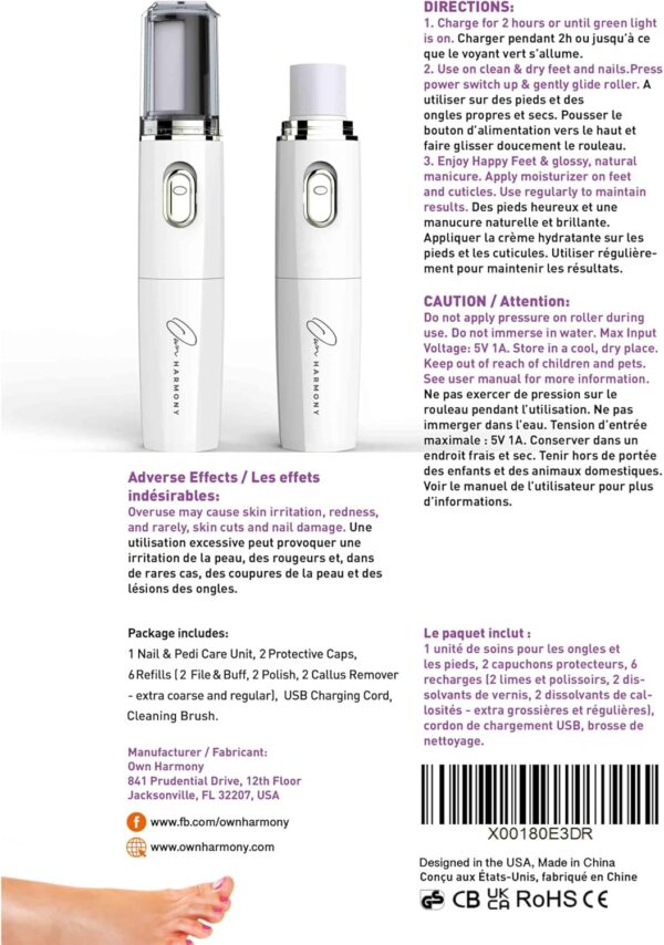 Own Harmony Electric Foot File Callus Remover & Electronic Nail File (4 in 1) Best Mani Pedi Tools - Professional Manicure & Pedicure Care Set - Perfect Toenail Polisher and Shine Buffer (USB Cord)