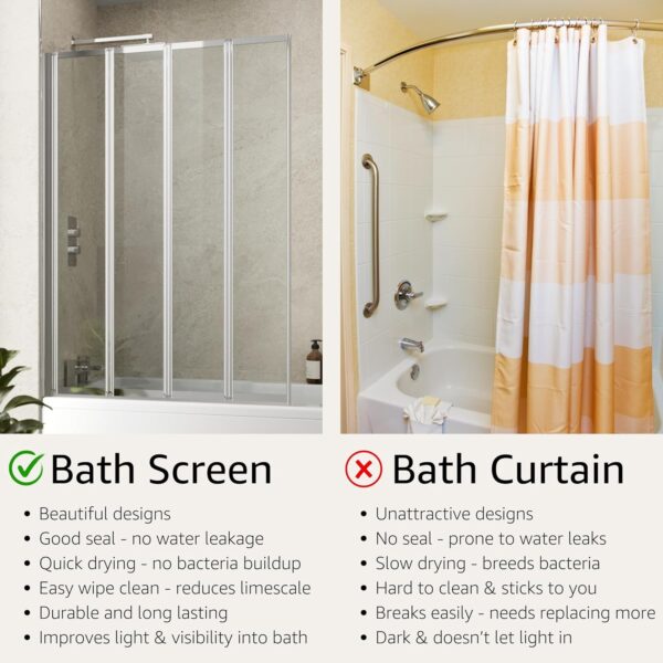 Luxura® 4 Panel 1400 x 1000mm Chrome Over Bath Shower Screen Folding Hinged Door Glass Panels & Screens for Baths, 4mm Toughened Safety Glass, 180° Pivot Swing, Reversible
