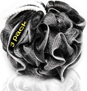 XXL 90g Charcoal Shower Loofah 3 Pack by Tilcare - Perfect Bath Sponge for Exfoliating for Men & Women - Body Scrubber Brush for Cleansing and Smooth Skin - Scrubbies That Remove Excess Oil and Dirt