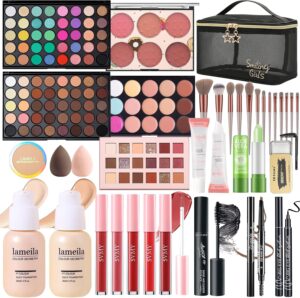 YBUETE Makeup Kit for Girls, Teens & Women, Travel Makeup Set Includes Eyeshadow, Foundation, Blusher, Eyebrow Pencil, Mascara, Eyeliner, Brushes, Lip Gloss, Sponge with Mash Bag