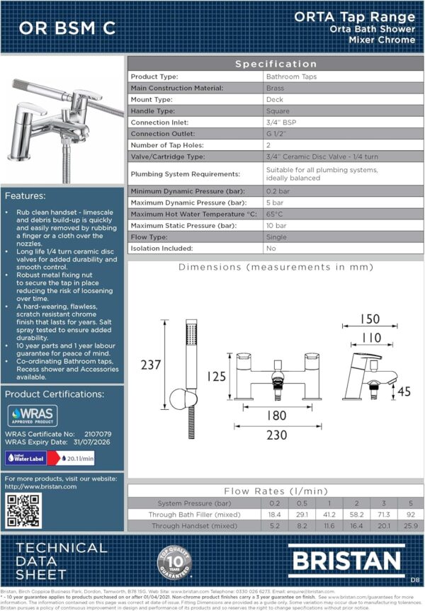 Bristan OR BSM C Orta Bath Shower Mixer - Chrome Plated