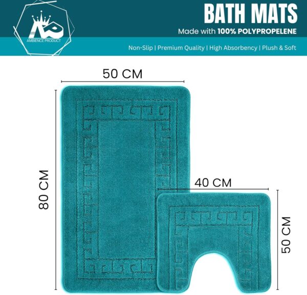 Ambience Products Greek Key Pattern Bath Mats 2 Piece Sets Non Slip Bathroom Mat, Soft Washable Rug Quick Dry Water Absorbent Bathroom Shower Mat & Pedestal Set (Teal)