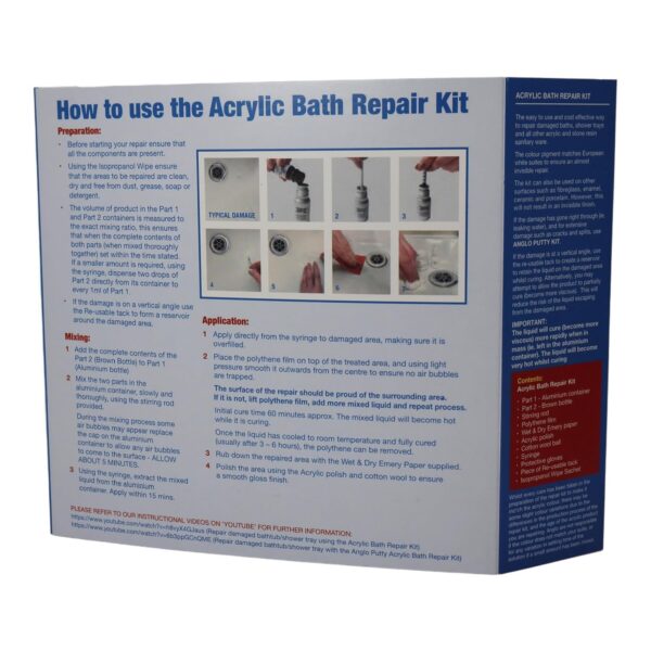 Acrylic Bath Repair Kit White. UK Made Specialist Acrylic Solution for Repairing Chips Scratches Dents & Hairline Cracks on Acrylic Plastic, Fibreglass and Stone Resin Baths & Shower Trays