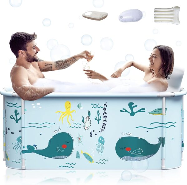 140cm Extra Large Portable Foldable Bathtub with Cover for Adult, Family SPA Soaking Tub for Small Bathroom, Thicken Multiple Layer Bathtub with Lid for Shower Stall (Ocean Design)