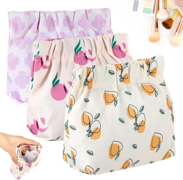 Ptwola 3pcs Small Makeup Bag for Purse, Mini Portable Printed Cosmetic Bags Waterproof No Zipper Self-Closing Travel Storage Pouch for Headphones Jewelry Coin Lipstick