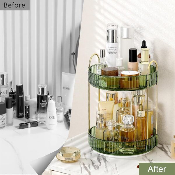 GLAMFORT Rotating Makeup Organiser, Acrylic 2 Tier Perfume Beauty Skincare Organiser, 360 Spinning Cosmetic Storage for Vanity Desk, Bedroom, Bathroom, Countertop, Green