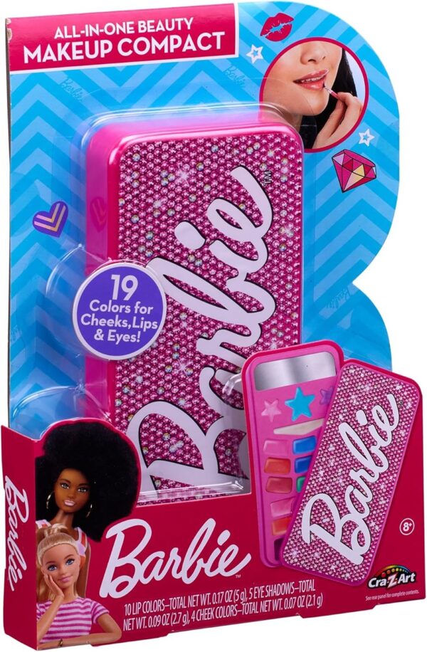 Barbie All in one Beauty Makeup Compact with 19 on trend colours for cheeks, lips and eyes Official Barbie merchandise