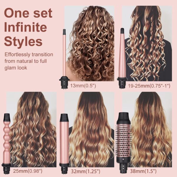 5 in 1 Curling Iron Brush Set with Thermal Brush and 4 Interchangeable Ceramic Curling Wand(0.5”-1.25”), Fast Heating, Dual Voltage, Include Glove