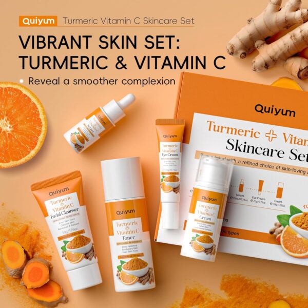 Quiyum Turmeric Vitamin C Skincare Set, Face Skin Care Sets & Kits Facial Cleanser,Toner,Serum,Eye Cream,Face Cream, Pamper Gift Set for Women Teenage Girls Mom Birthday, Travel Kit for All Skin Types