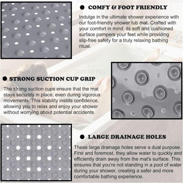 VELVETIO Bathtub Mat Non Slip - 70x38cm Medium Long Shower Mats Non Slip Anti Mould, Anti Slip Bath Mats with Suction Cups and Drain Holes, Machine Washable, Grey