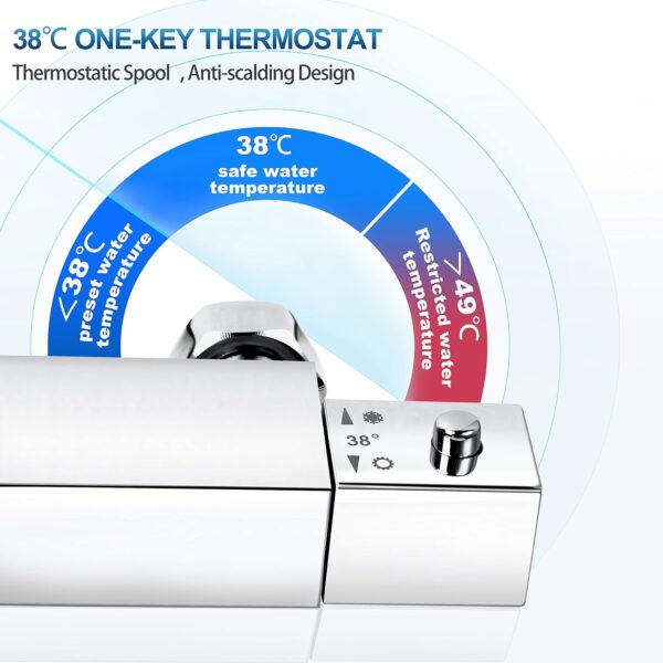 Ronvie Shower System Thermostatic Set, Chrome Shower Riser Rail Mixer with Adjustable Rainfall Shower Head, Scalding Protection Shower Tap, Anti-Kink Shower Pipe