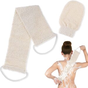 COMNICO 2pcs Exfoliating Body Scrubber, Natural Hemp Back Scrubber Exfoliator Loofah Shower Bath Wash Deep Cleaning Glove and Strap Dead Skin Removal for Men Women(White)