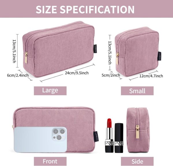 MAGEFY Makeup Bag 2 Pcs Small Makeup Bag for Handbag Corduroy Make up Bag with Compartments Travel Makeup Pouch for Girls Women (Pink)