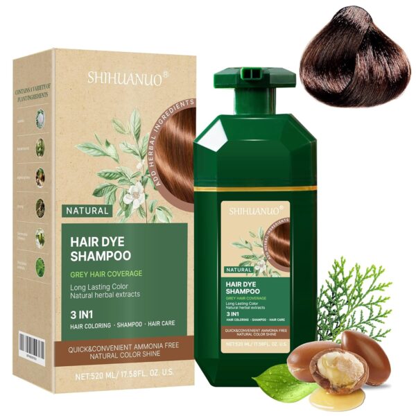 Hair Dye Shampoo 3 in 1 for Gray Hair Coverage, Herbal Ingredients Natural Shampoo Hair Dye for Women & Men/Ammonia-Free 520ml(Dark Brown)