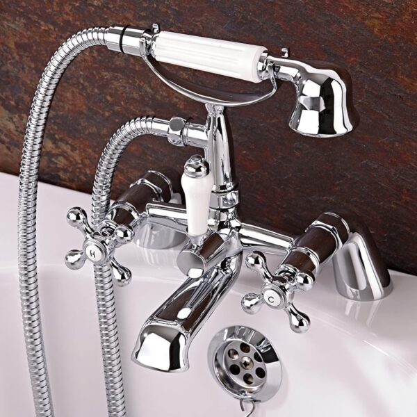 ENKI, Beaumont, BBT0257, Chrome, Bath Shower Mixer Taps & Shower Attachment, Solid Brass, Cross Handle, Traditional Design, Compression Valves, Easy to Install