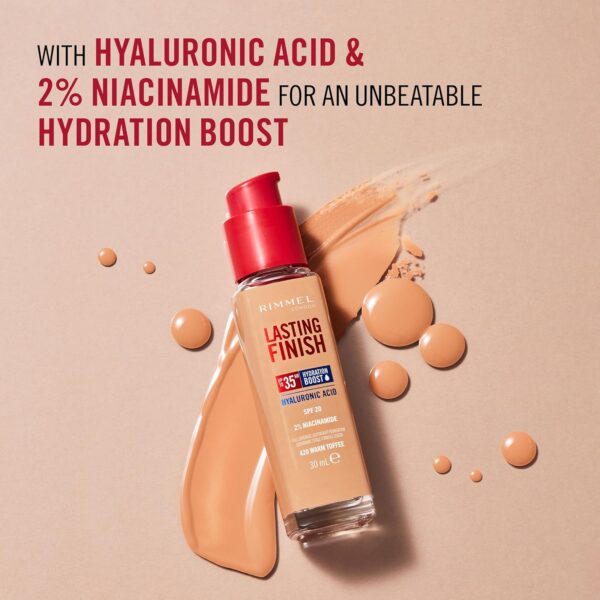 Rimmel Lasting Finish 35Hr Foundation 200 Soft Beige, Full Coverage, Hydrating, SPF20, Hyaluronic Acid, Vitamin E, 2% Niacinamide, All Day Wear, Vegan, Cruelty Free