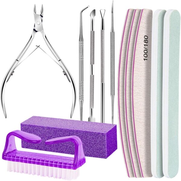 12 Pcs Nail Files & Buffer Block Set, FANDAMEI Cuticle Nippers with 100/180 Emery Boards Nail Buffer Kit Cuticle Pusher Toenail Lifter Cuticle Peeler Scraper Nail Brush for Manicure & Pedicure Tools