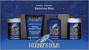 Feather & Down Mothers Day Gifts Bathtime Bliss Gift Set (Shower Cream, Pillow Spray, Bath Essence & Body Lotion) - Bath Set with lavender & chamomile essential oils. Vegan Friendly & Cruelty Free.