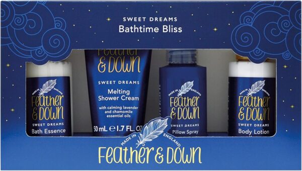 Feather & Down Mothers Day Gifts Bathtime Bliss Gift Set (Shower Cream, Pillow Spray, Bath Essence & Body Lotion) - Bath Set with lavender & chamomile essential oils. Vegan Friendly & Cruelty Free.