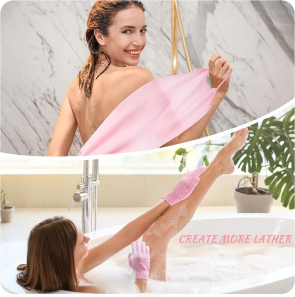 Exfoliating Shower Bath Glove Back Scrubber Set, Spa Experience Dead Skin Cell Remover, Vacuum Packed (Pink)