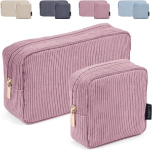 MAGEFY Makeup Bag 2 Pcs Small Makeup Bag for Handbag Corduroy Make up Bag with Compartments Travel Makeup Pouch for Girls Women (Pink)