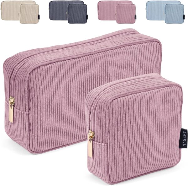MAGEFY Makeup Bag 2 Pcs Small Makeup Bag for Handbag Corduroy Make up Bag with Compartments Travel Makeup Pouch for Girls Women (Pink)