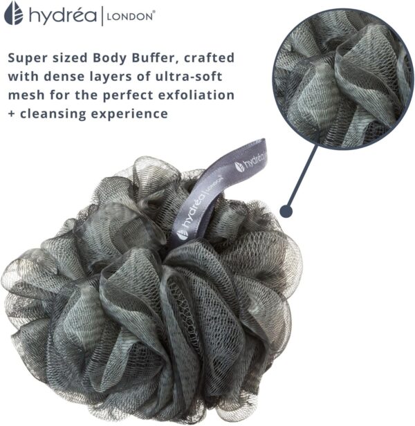 Hydréa London Grey Shower Puff, Large Exfoliating Bath Loofah, Mesh Sponge - Premium Quality, Luxurious Lather, Gentle Exfoliation for Men & Women