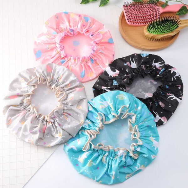 Phoetya 4 Pack Unicorn Shower Caps, Double Layer Waterproof Shower Hat Reusable Elastic Band Bath Caps for Women and Girls Shower Spa