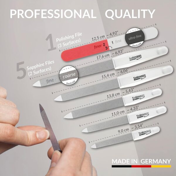 marQus Sapphire Nail Files Set - 6 Pcs with 3-Way Nail Buffer - Stainless Steel, Double Sided Sapphire Grit for Natural Nails, Solingen Germany - Professional Nail Care Kit