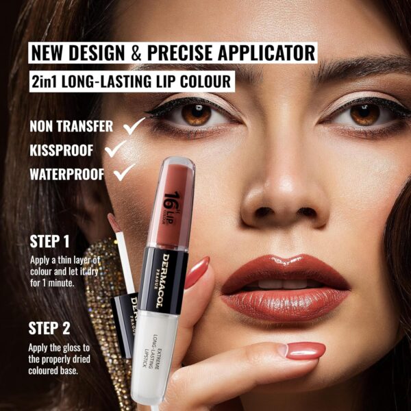 NEW Dermacol - 16-Hour Lip Colour, Highly Pigmented Glossy Lip Stain, Two-Phase Lip Plumper Gloss, Kissproof Lip Makeup Products with Matte and Glitter Finish, n. 23