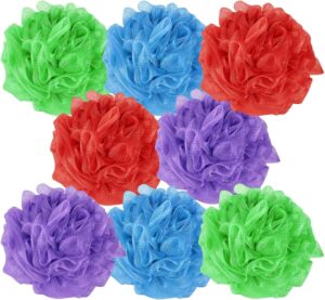 Pack Assorted Multicoloured – Heavy XL – 75g Body Puff Pouf Bath Shower Exfoliator Sponge Balls for Silky Soft Skin, Durable & Eco-Friendly, Family Size - Green, Blue, Purple & Red – Pack of 8
