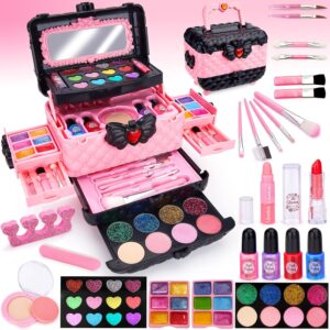 Chennyfun Kids Makeup Sets for Girls, 53 Pack Real Washable Make Up Set Toy for Little Girl Age 3 4 5 6 7 8 9 10 Years with Pink Butterfly Drawer Box for Girls Christmas Birthday Play Game