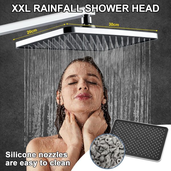 SonTiy Rainfall Shower Set, Square Swivelling Shower Riser Rail with Large Overhead Shower & Brass Diverter, Shower System Without Mixer, 3 Jet Types Handheld Shower, 5-Year Warranty, Chrome