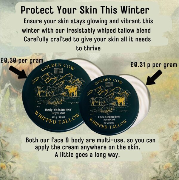 Beef Tallow Whipped Balm – Grass Fed Beef Tallow Face Cream & Moisturiser - Oud Scented 60g Golden Cow Hydrating Whipped Balm for Dry Skin - Natural Organic Skin care for Face & Body by Forticare