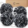 LMSMW Bath Body Poufs 4 Pack - Exfoliating Luffa Sponges for Men Women, Charcoal Shower Mesh Pouf Loofah Sponge Bath Puffs Scrunchie Body Scrubbers Bathing Cleaning Loofahs Lufa Lofa Loffa Pad