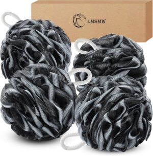 LMSMW Bath Body Poufs 4 Pack - Exfoliating Luffa Sponges for Men Women, Charcoal Shower Mesh Pouf Loofah Sponge Bath Puffs Scrunchie Body Scrubbers Bathing Cleaning Loofahs Lufa Lofa Loffa Pad
